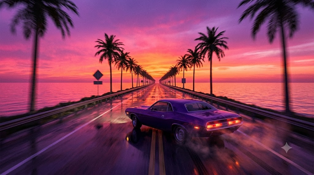 Muscle car violeta huyendo por una carretera costera al atardecer