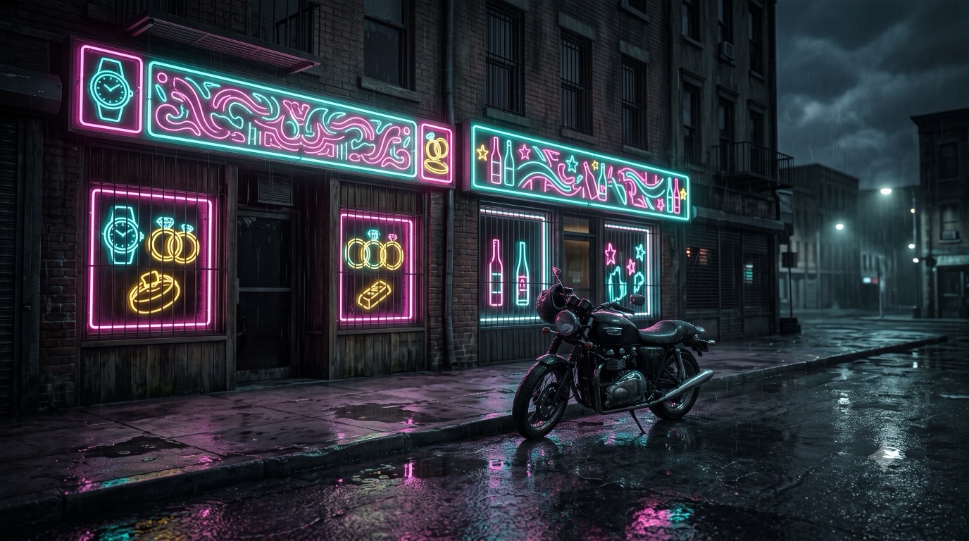 Casa de empeño y licorería con carteles de neón de noche