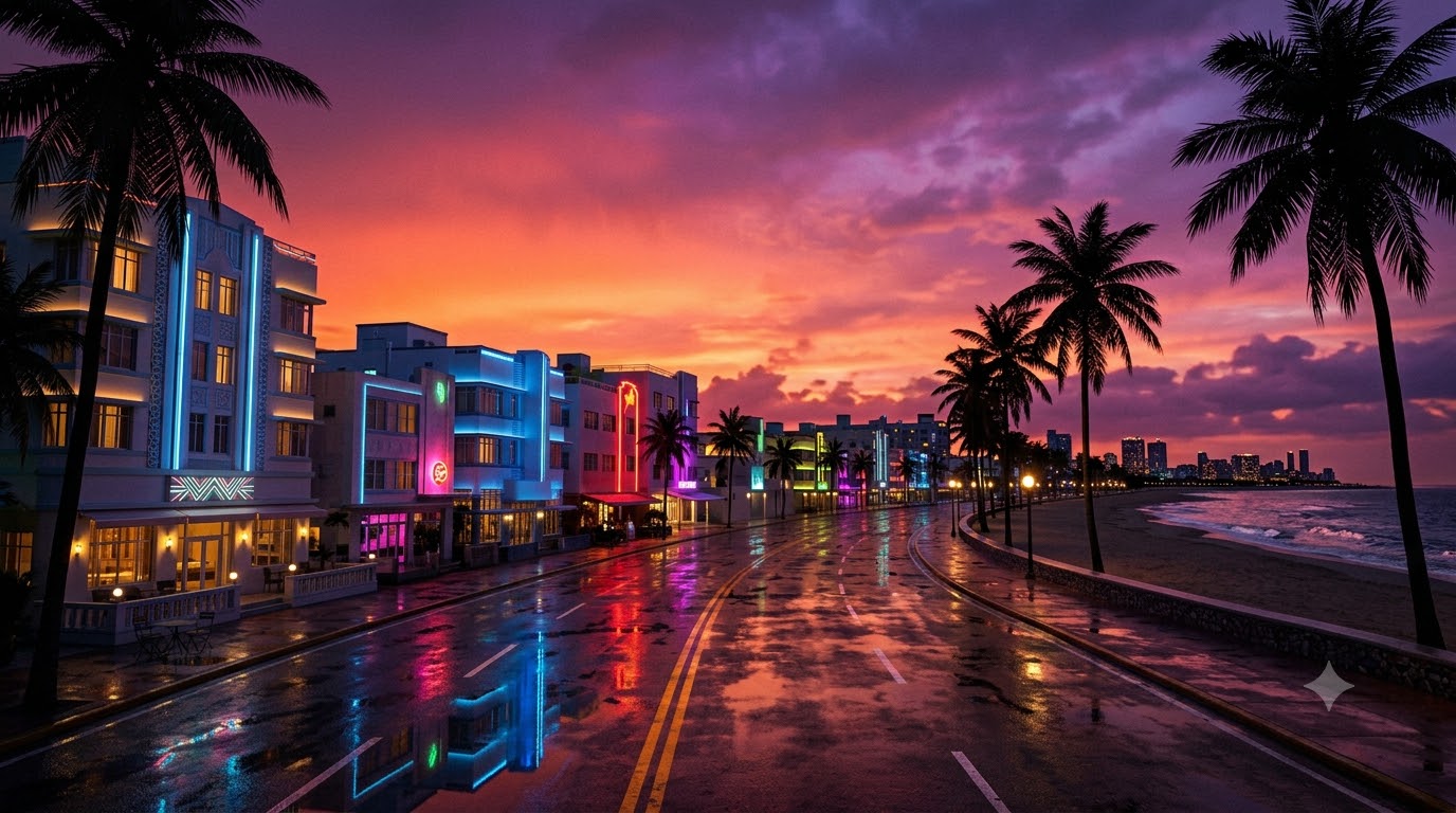 Avenida de Vice City de noche con hoteles art déco iluminados con neón
